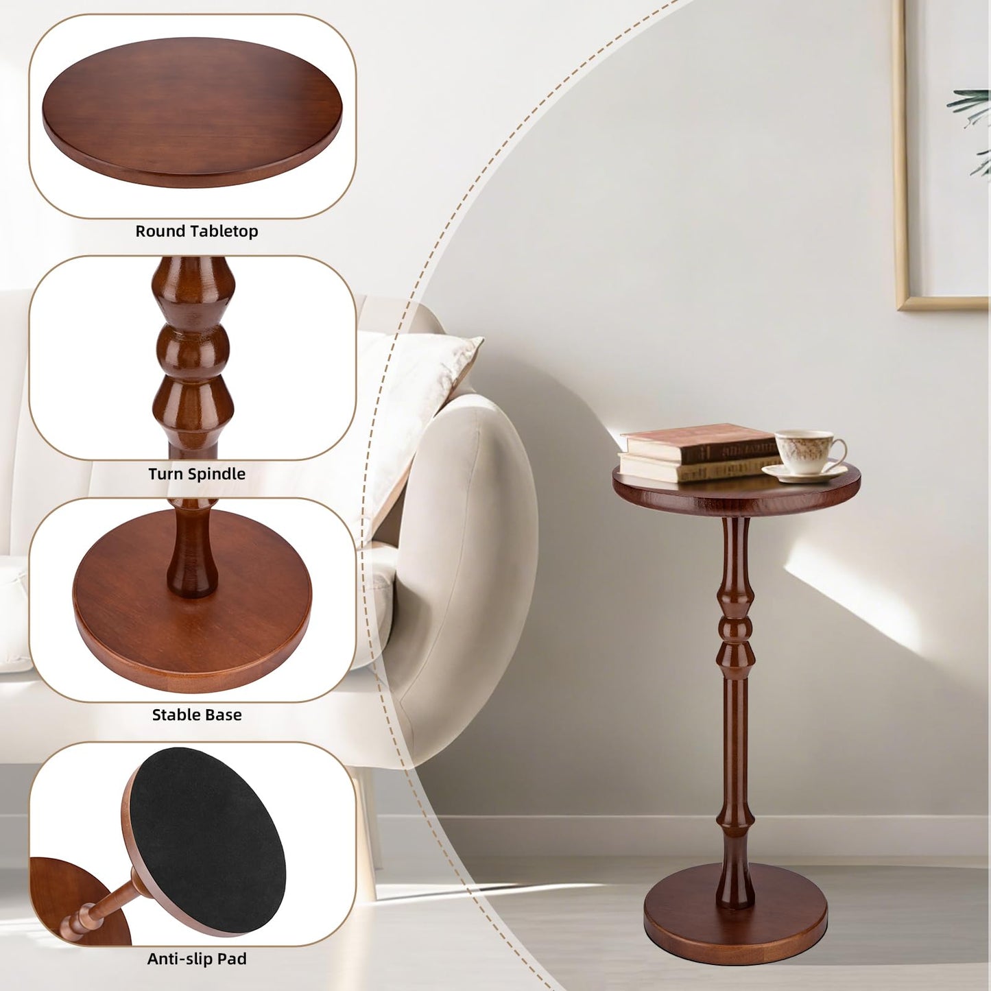 Lampaggio Round Side Table for Small Spaces, Drink Table with Oak Wood Pedestal Base, Modern Accent End Table or Nightstand for Living Room, Bedroom