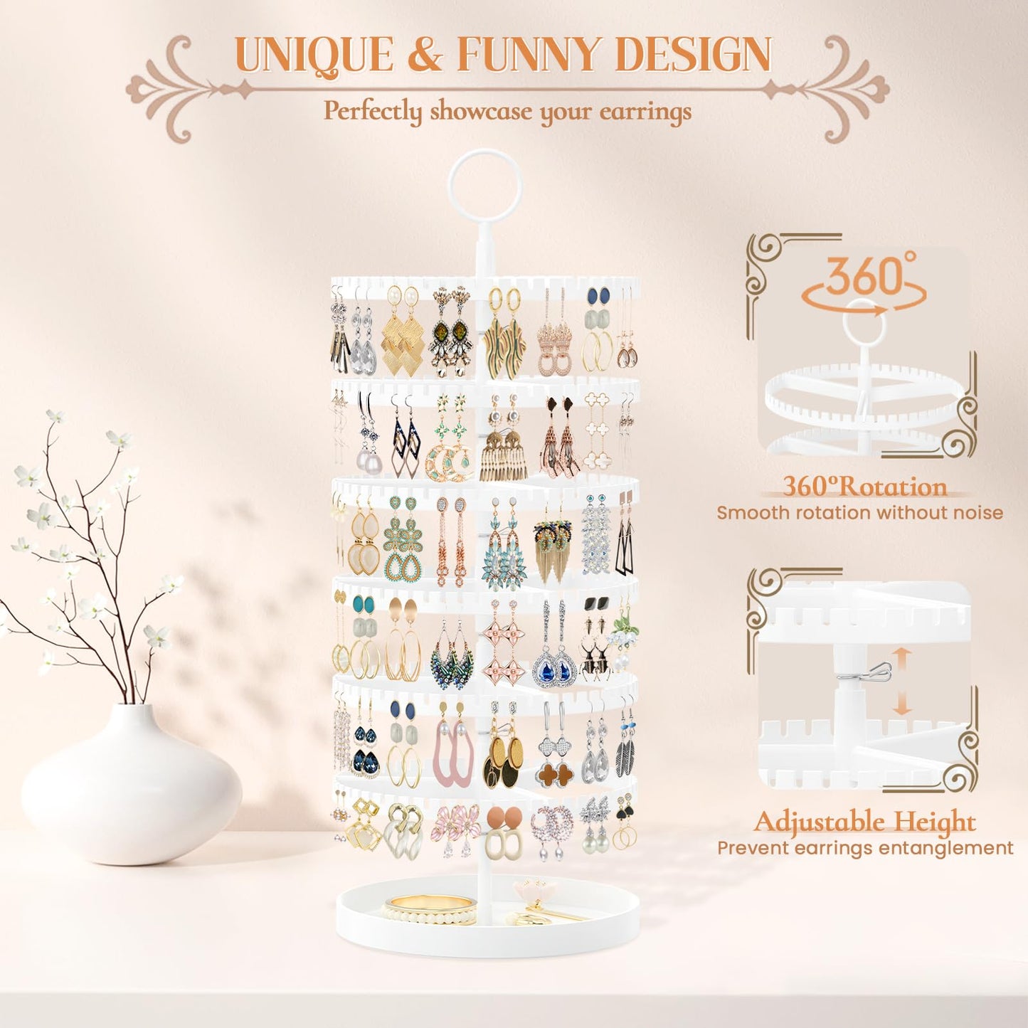 iDavosic.ly 6 Tier Rotating Earring Holder Organizer with Metal Tray, White