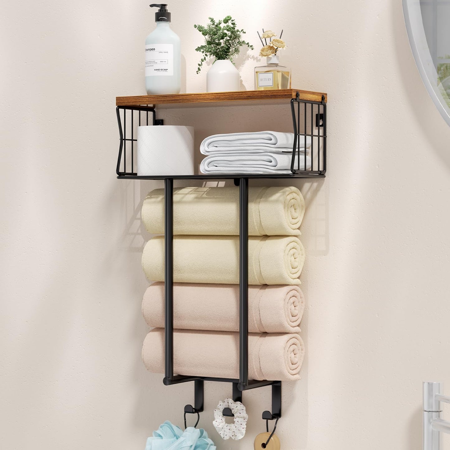 HapiRm Towel Rack Wall Mounted - Multi-Functional Bathroom Towel Storage with Hooks, Space-Saving Bathroom Towel Holder for Bathroom Accessories