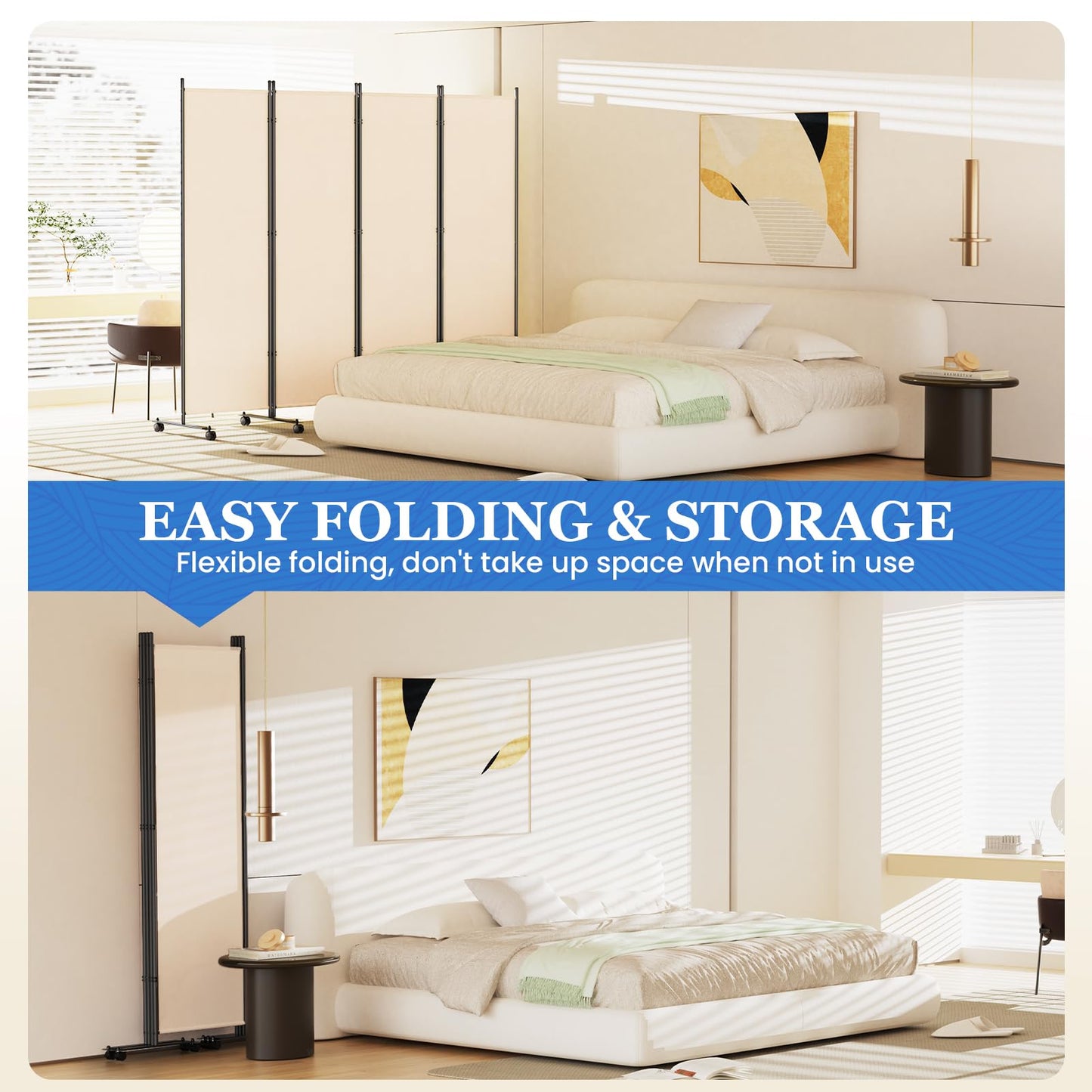 8 Panel Room Divider 183CM Folding Privacy Screens with Lockable Wheels