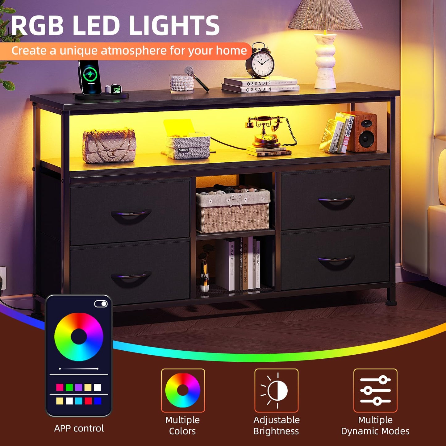 VERMESS 110cm TV Stand, TV Cabinet with Power Outlets & LED Light, 4 Fabric Drawers TV Unit for TVs Up to 55 inch
