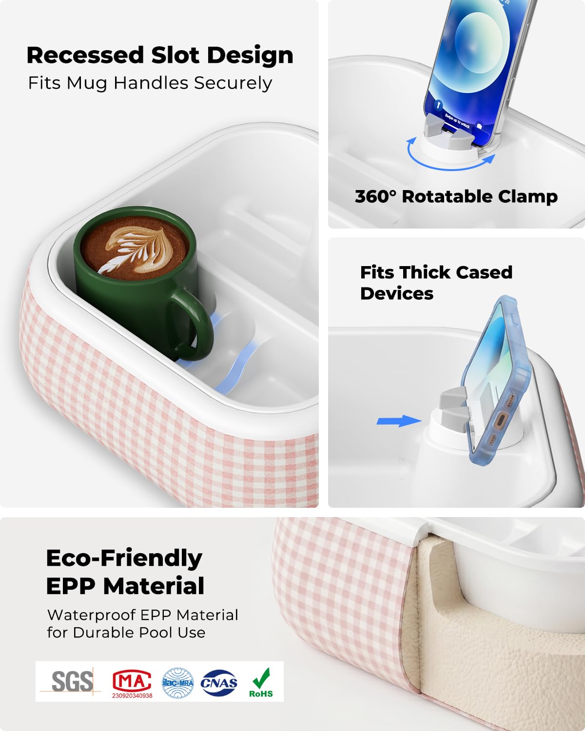 Viozon Couch Cup Holder Tray with Phone Stand, For 4-4.7" Device, Floating Bathtub&Pool Caddy, EPP Foam Sofa Arm Tray