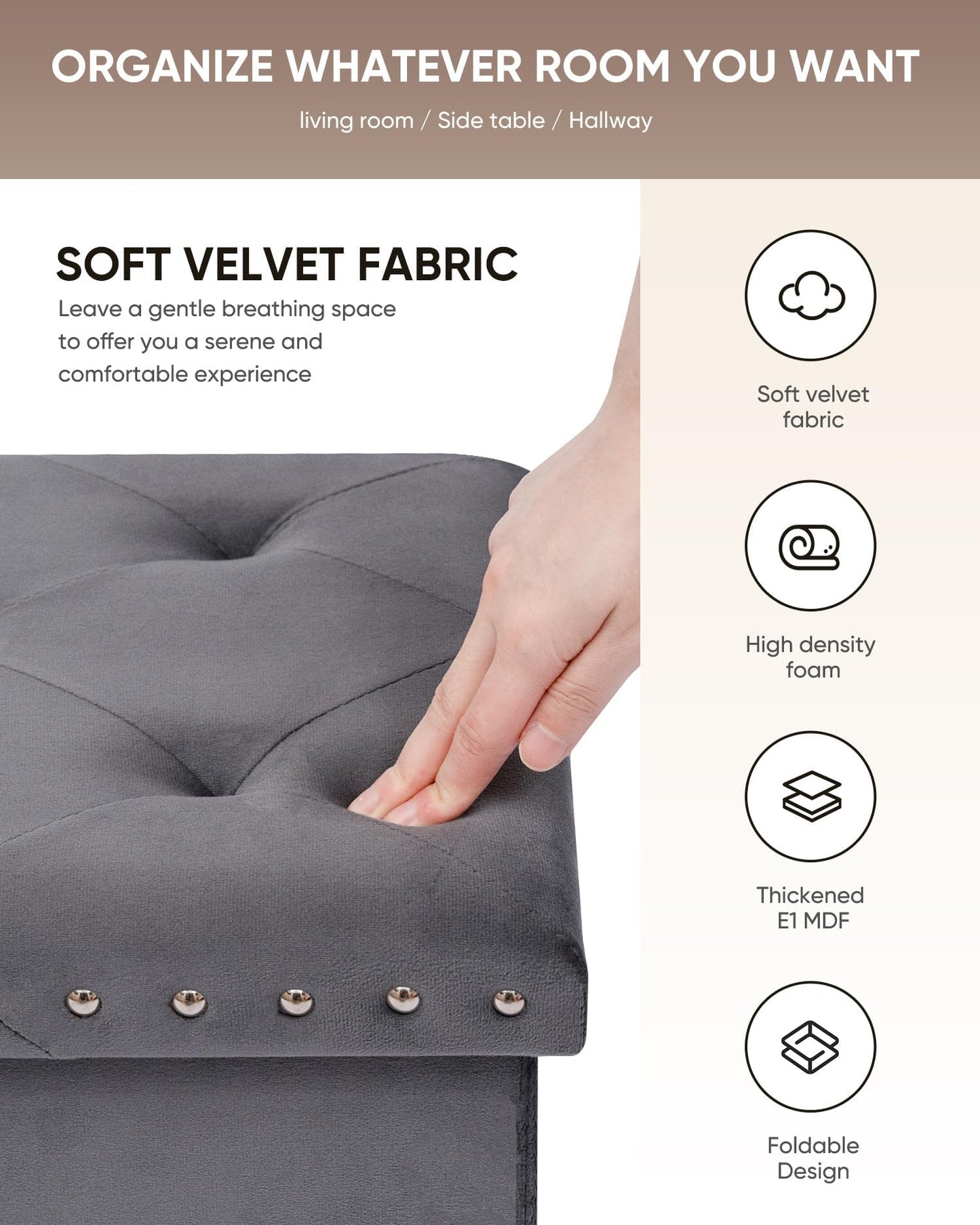 Bonlife Velvet Ottoman with Storage,Small Storage Boxes with Lids,Folding Ottoman Seat,Footstool for Living Room,42x32x32cm,Grey