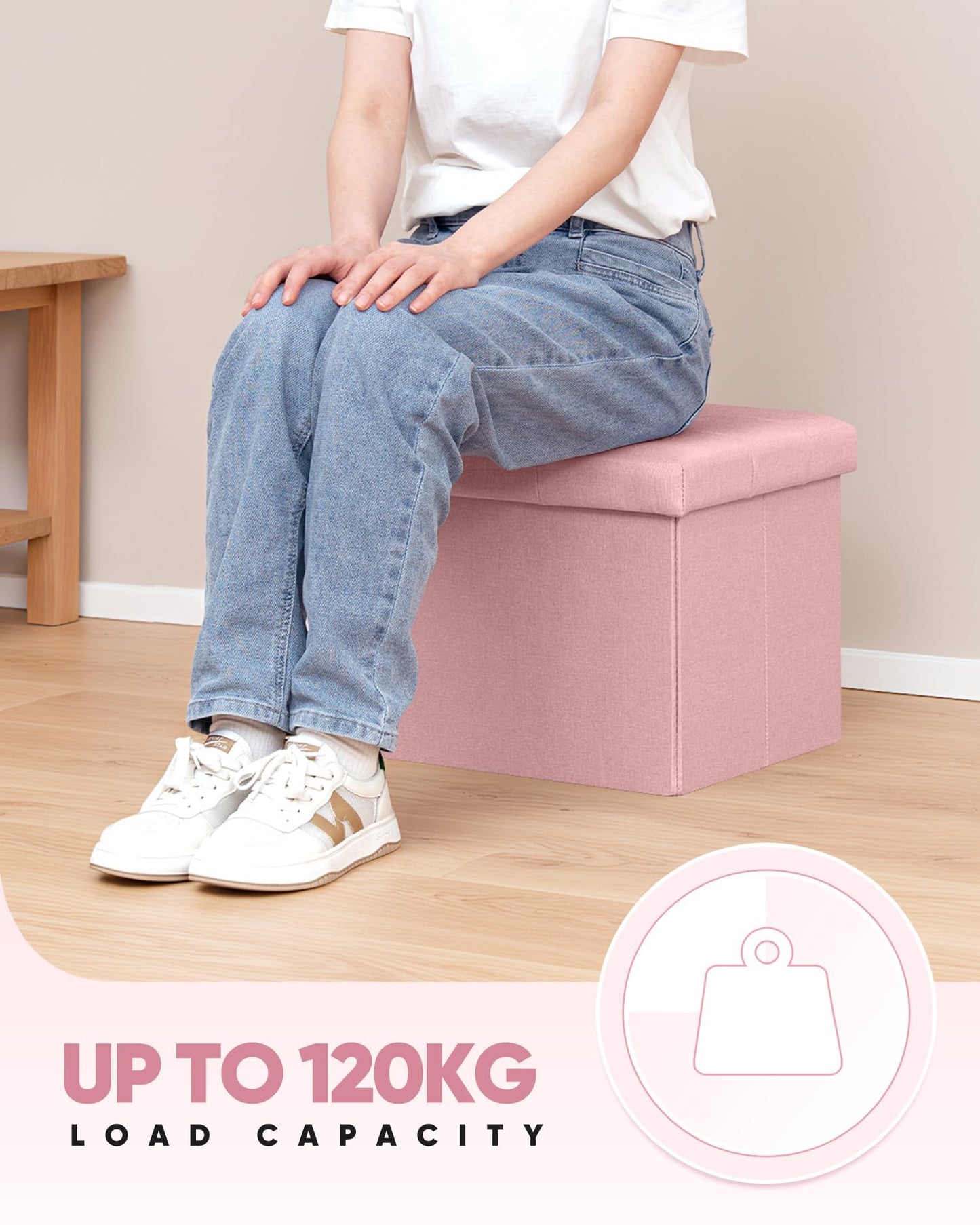 Bonlife Storage Ottoman, Folding Small Foot Rest,Toy Chest Storage Footrest Seat, Footstool for Living Room, Bedroom, Dorm, Fabric,Pink,42x32x32cm