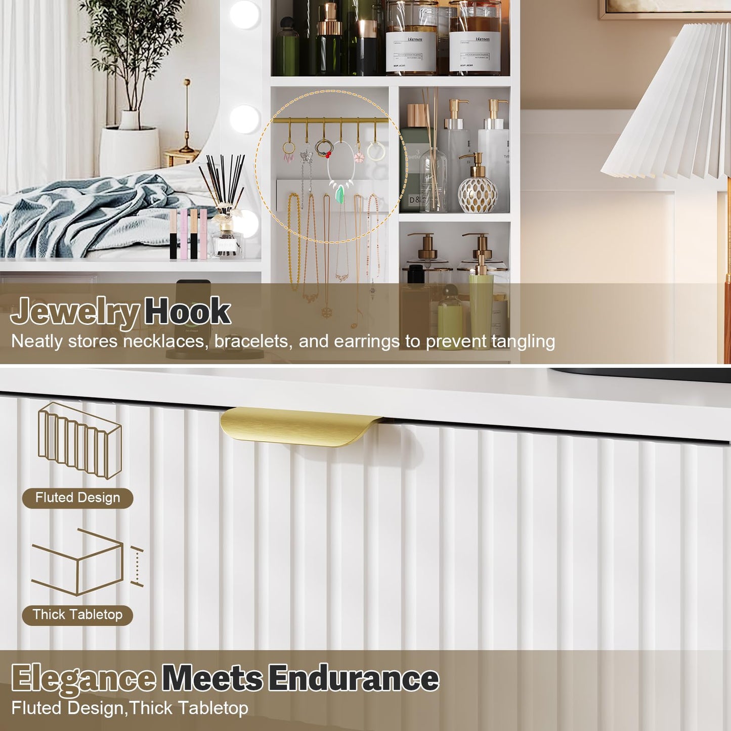 JUMMICO Dressing Table with LED Lights,Vanity Desk with Mirror and 5 Drawers,Modern Makeup Desk with Jewellery Hooks and Power Outlet for Bedroom