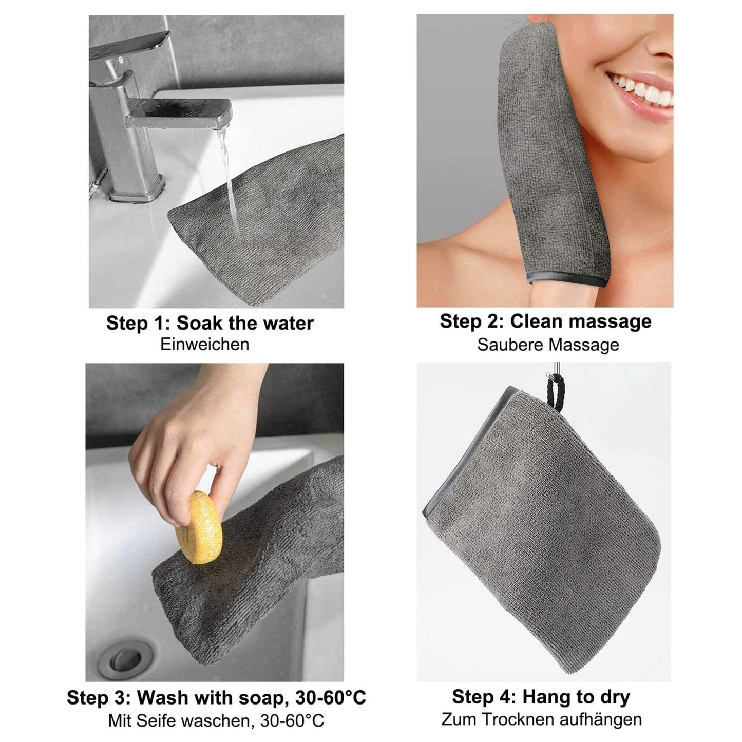 PHOGARY Pack of 10 Microfibre Body Wash Mitts, Soft Face Cleansing Mitts, Bath SPA Terry Cloth, Reusable Makeup Remover Mitt Gloves, 15x21 cm, Grey