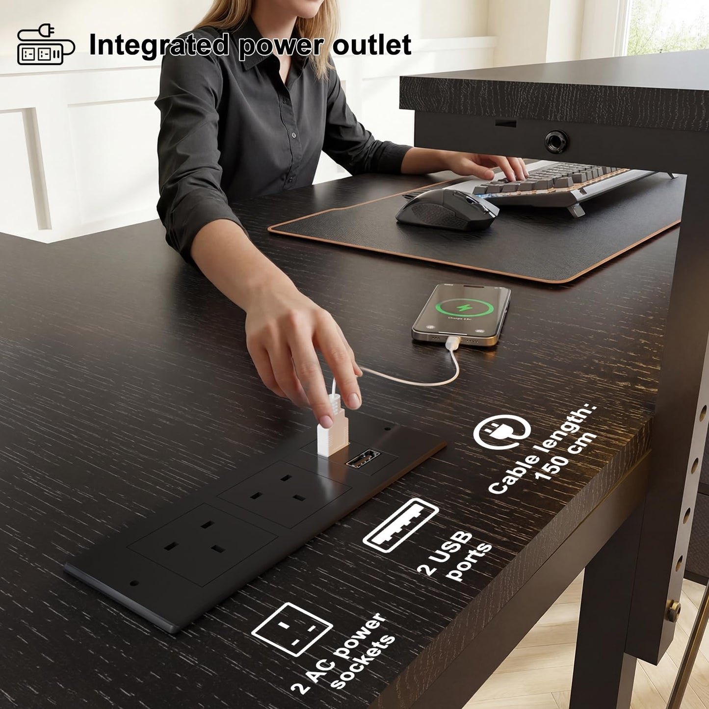 JUMMICO Corner Desk with Cabinet, Reversible L Shaped Computer Desk with Power Outlet and USB Ports, LED Lights and Hooks