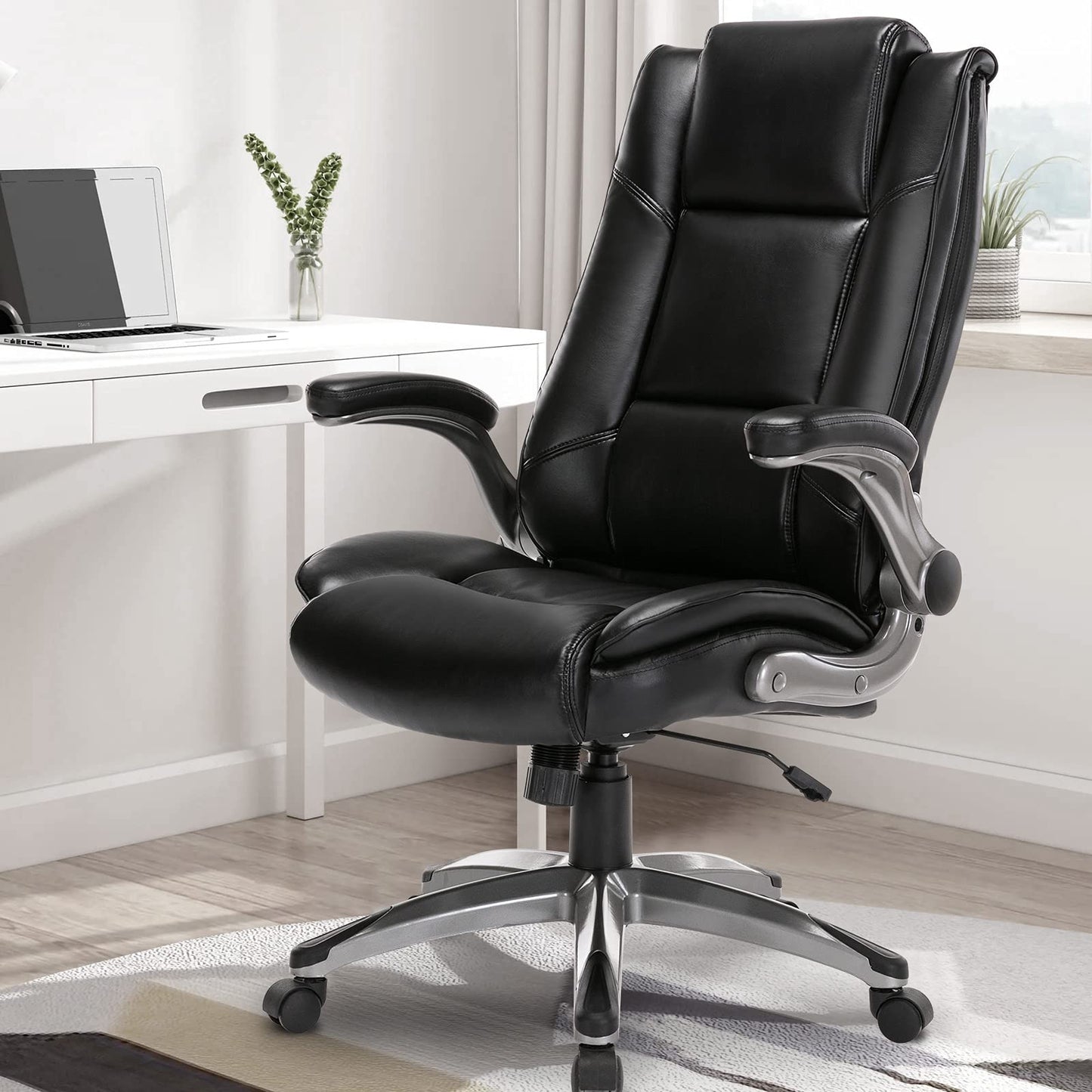 COLAMY Leather Executive Office Chair - High Back Home Computer Desk Chair with Padded Flip-up Arms, Adjustable Tilt Lock