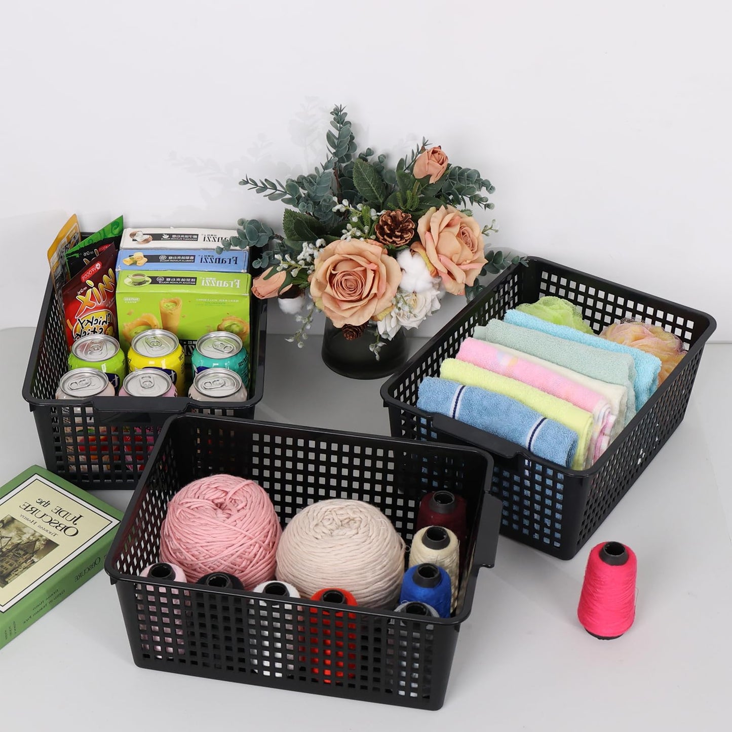 Zopnny 6 Pack Plastic Desktop Storage Basket, Large Organized Basket, Black
