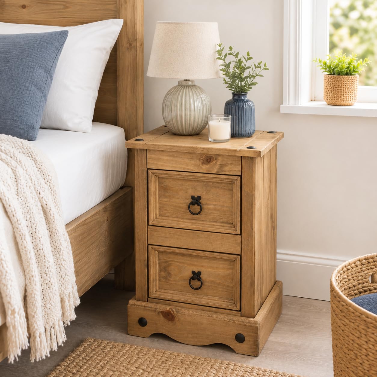 Corona Bedside Table 2 Drawer Side End Mexican Solid Waxed Pine