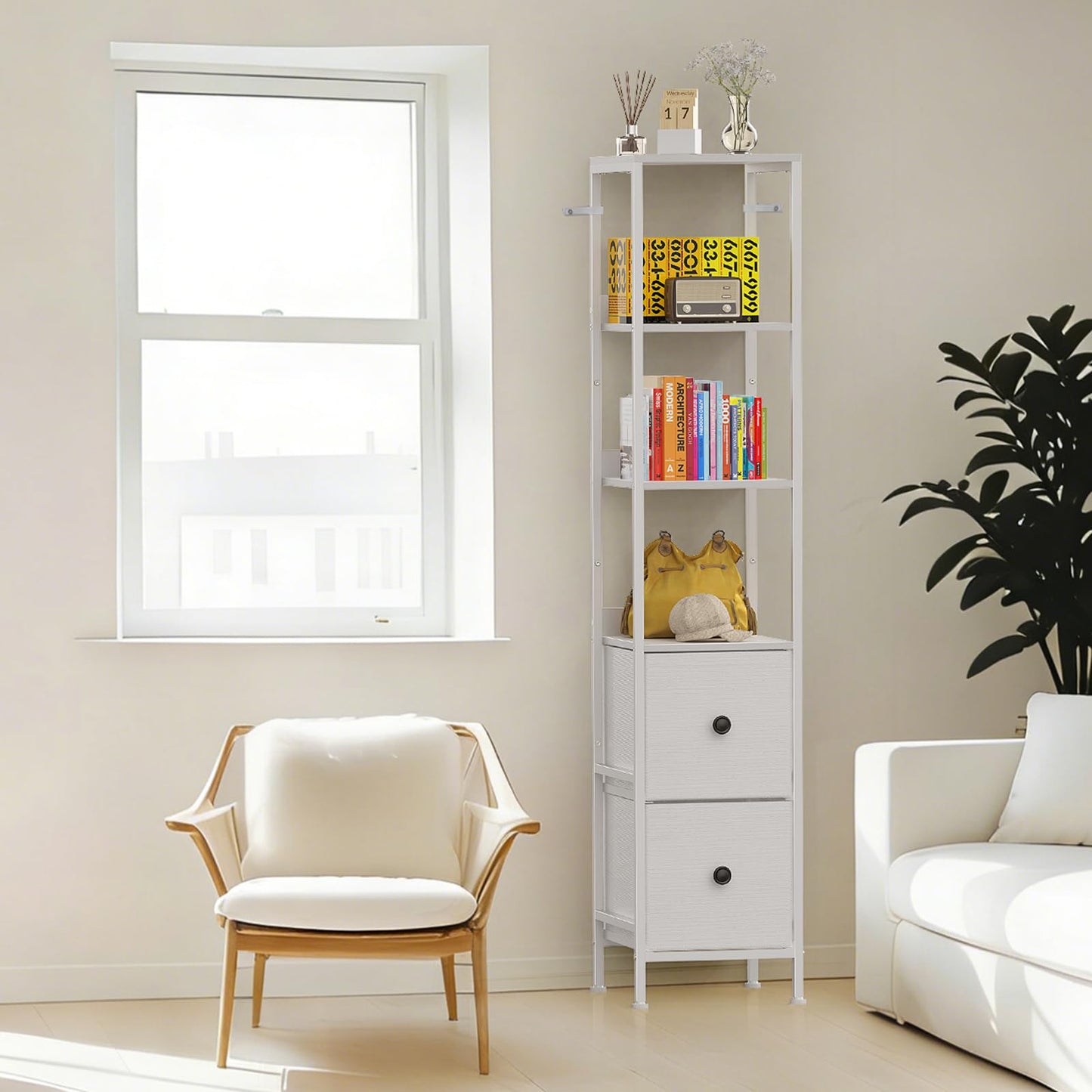 CADUKE Tall Bathroom Cabinet, Slim Storage Unit with 3 Open Wooden Shelves and 2 Fabric Drawers