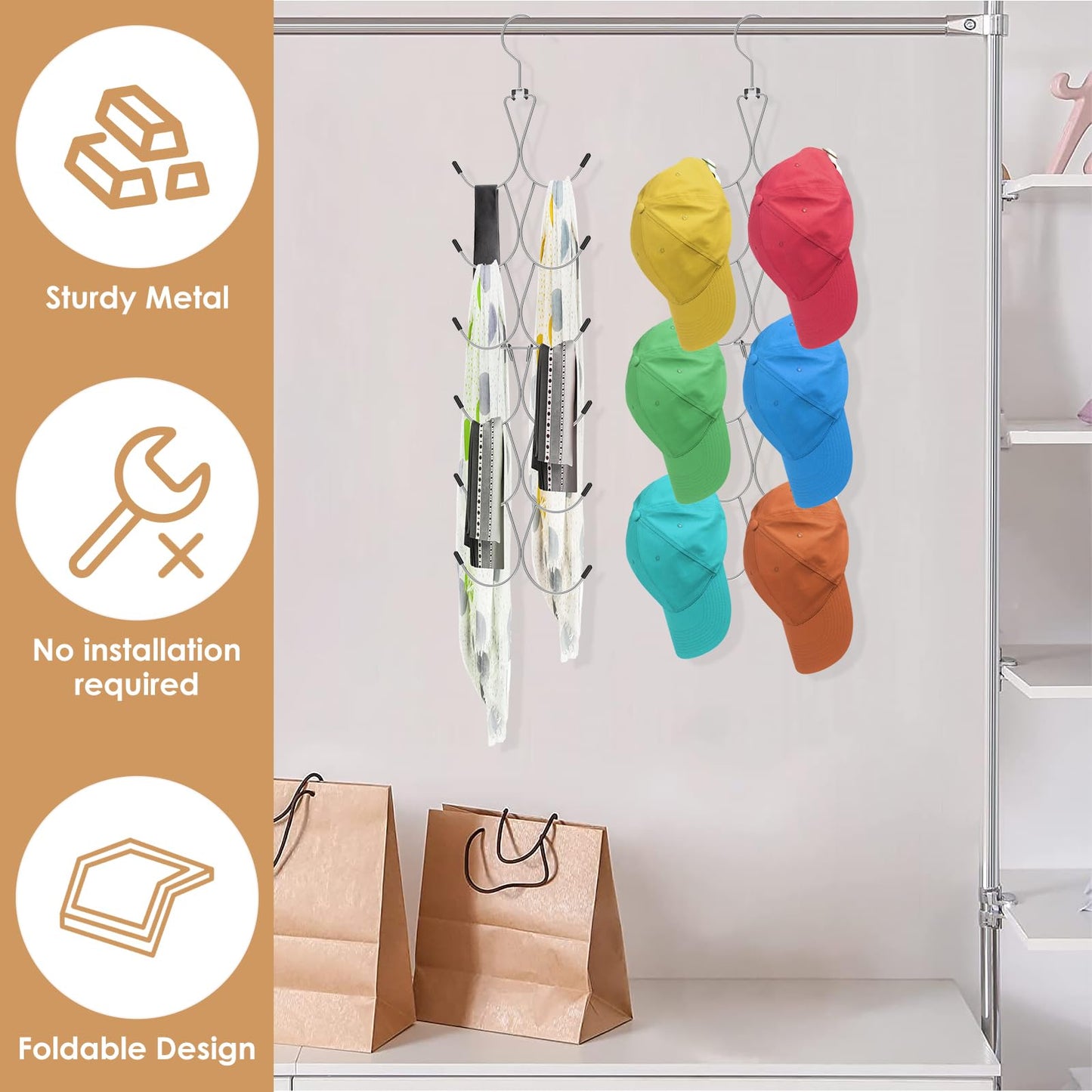 2 Pcs Scarf Hanger with 12 Hooks Metal Hanging Organiser Storage Belt Ties Scarves 360°rotating Scarf Rack Space Savers Closet Scarfs Holder Foldable