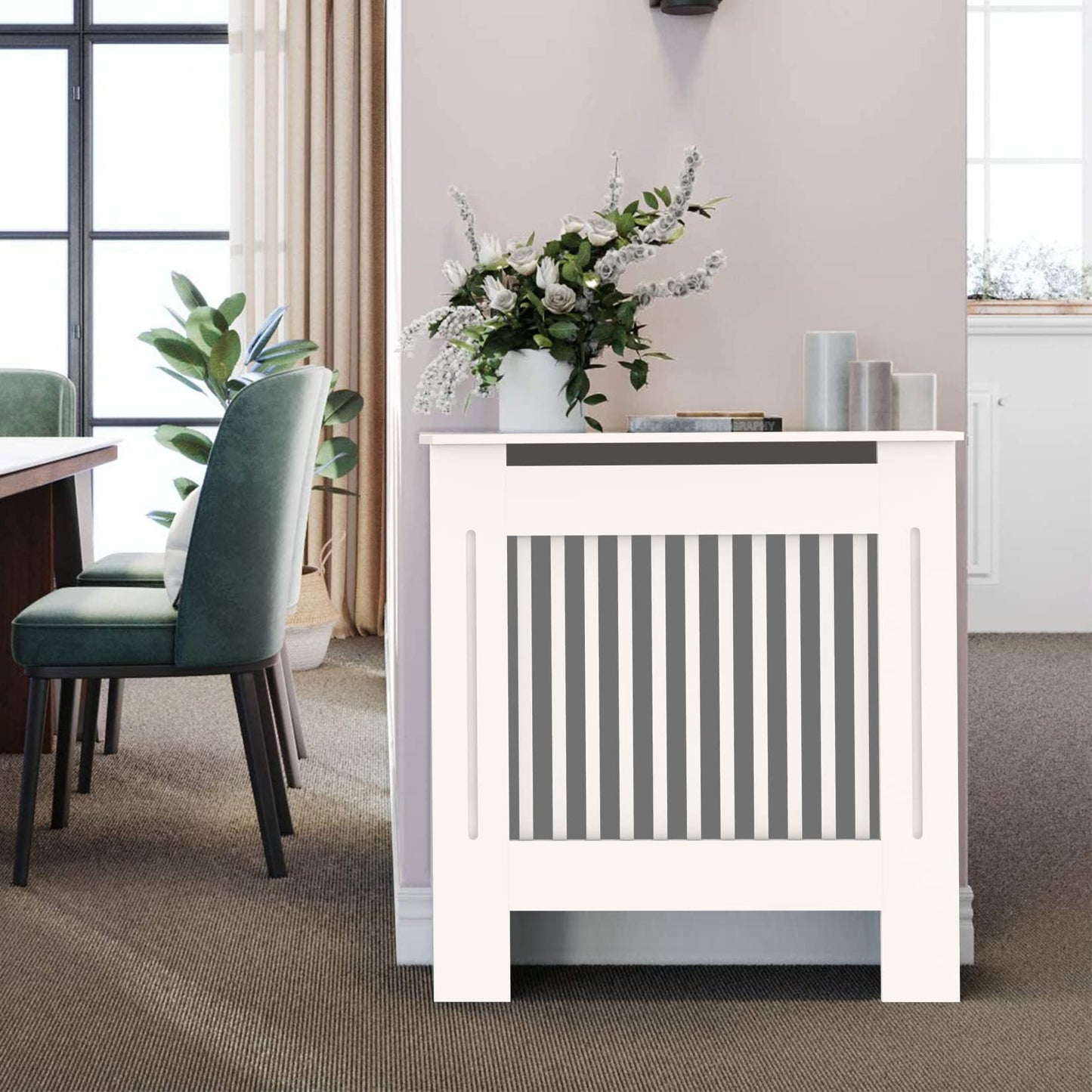 High Radiator Cover Wood Cabinet: External 92cm Height White Small Heater Covers Internal Heights 90cm Vertical Slats Modern Tall Radiator Shelf