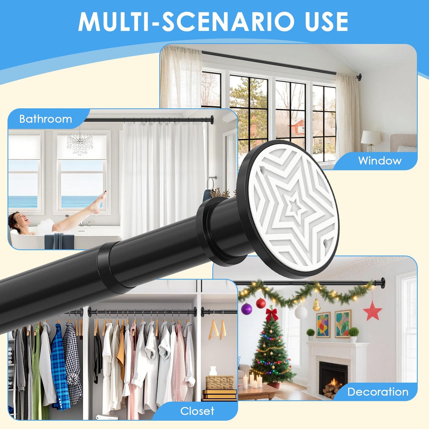 Black Shower Curtain Pole 78-283 cm, Extendable Tension Rod 28mm
