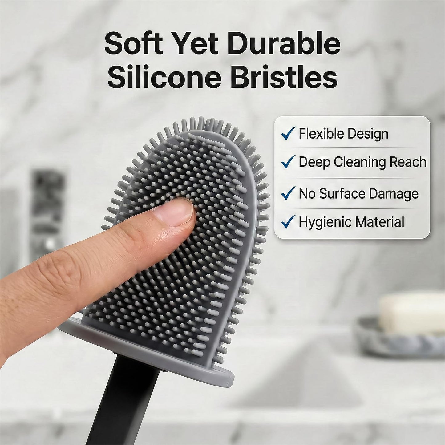 HomlyPro 2 Pack Silicone Toilet Brush and Holder Set, Deep Cleaning Flexible Bristles, Long Handle, Quick Drying Anti-Drip Base
