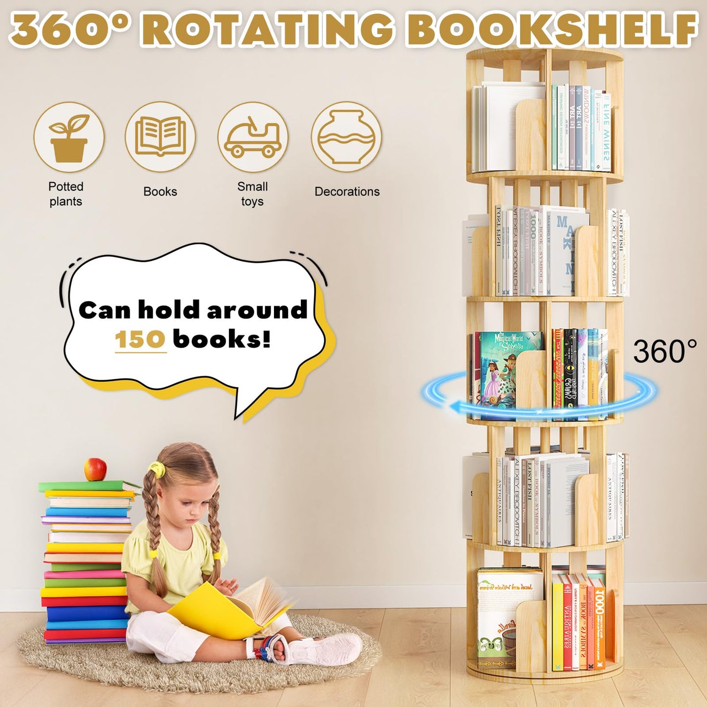 YGYQZ Rotating Bookshelf, 5 Tier Floor Standing Bookcase Wood 360 Display Narrow Book Shelf Organizer for Kids & Adult Storage Rack for Bedroom