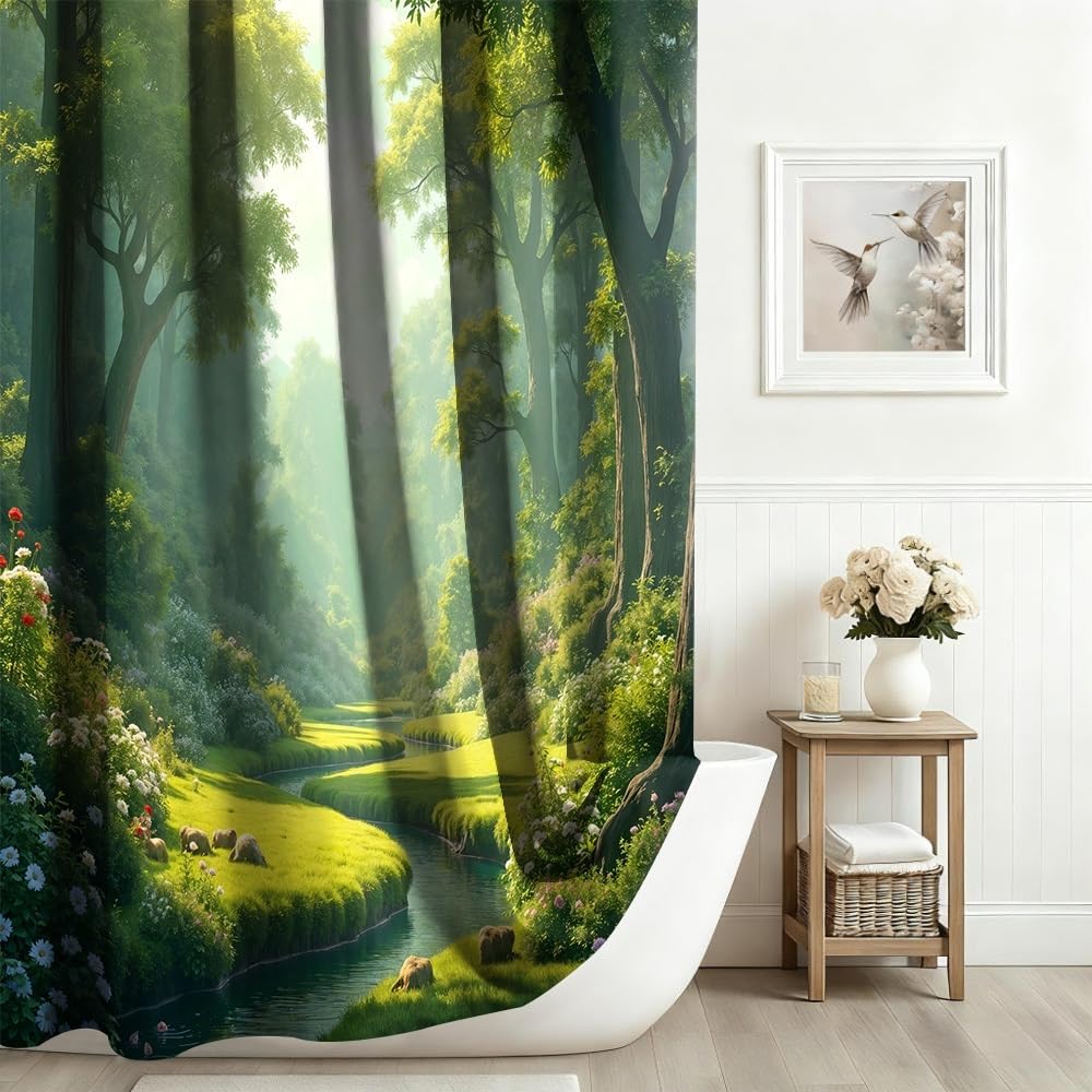 Xiaoterna Floral Plant Shower Curtain Green Spring Nature Forest Bathroom Curtain Green Tall Trees Blooming Flower River Stream Nature Shower Curtain