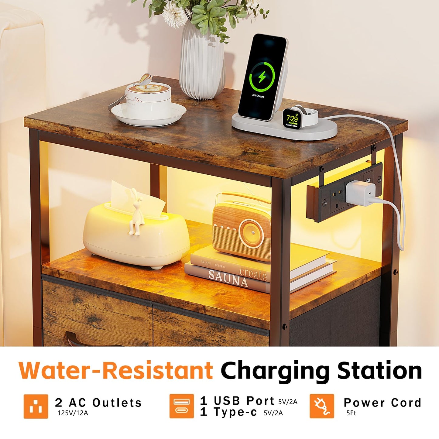 Flrrtenv Bedside Table with Charging Station, 4 Drawers Bedside Cabinet for Bedroom, LED Night Stand with Storage Shelf