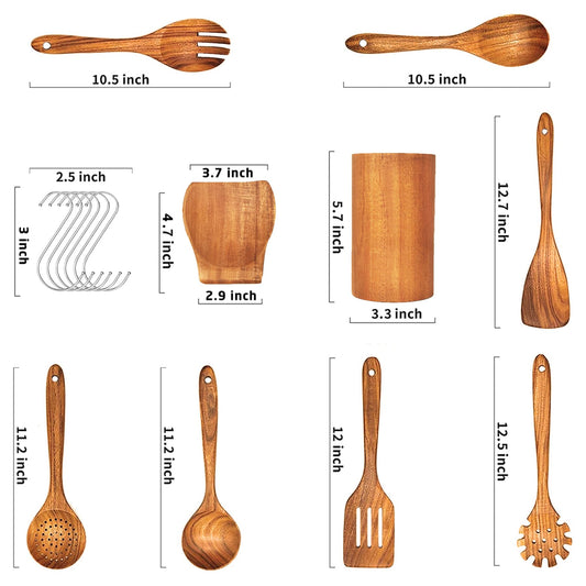 Wooden Spoons for Cooking, 9Pcs Wooden Utensils for Cooking,Wooden Cooking Utensils with Comfort Grip,Teak Wooden Kitchen Utensil Set with Utensils
