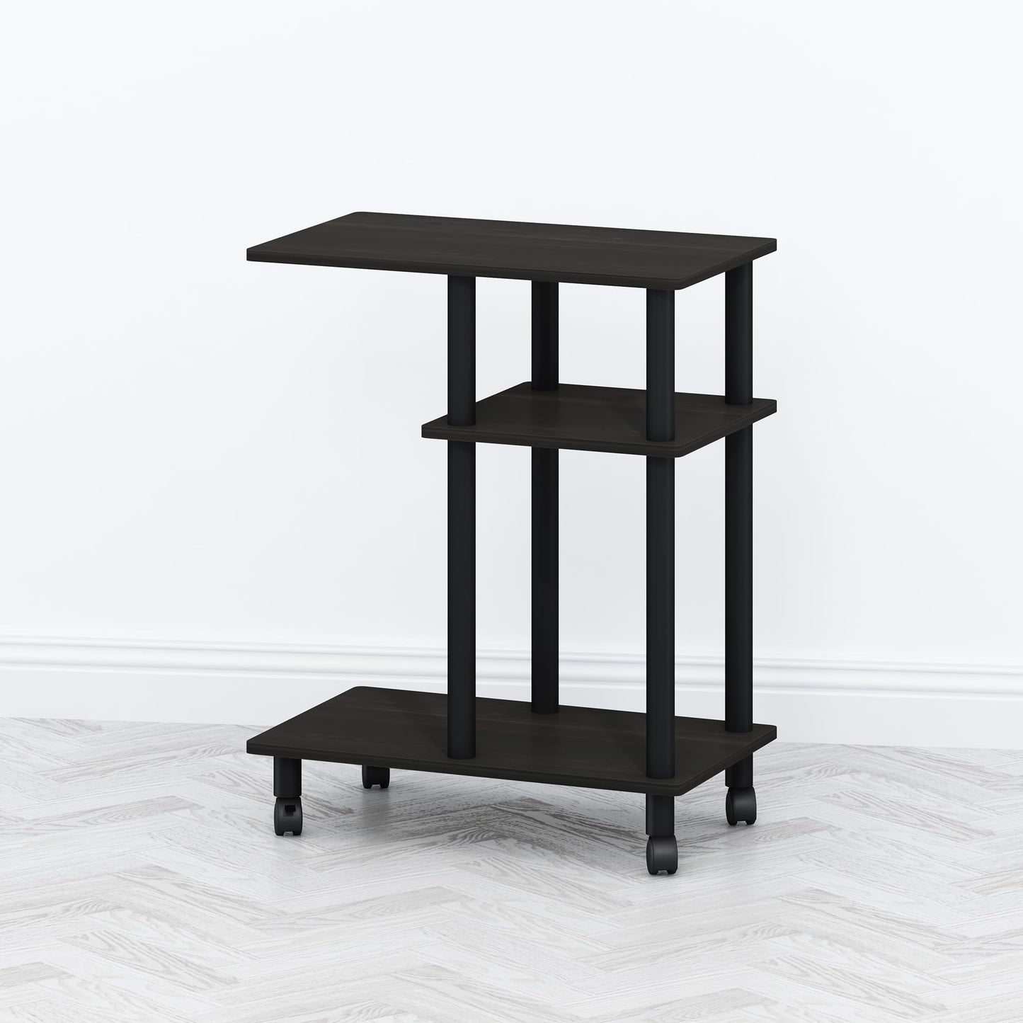 Furinno TOMI Side Table, 3-Tier C-Shape Open Shelf End Table with Wheels, Night Stand, Bedside Table, Toolless Assembly, for Living Room, Bedroom