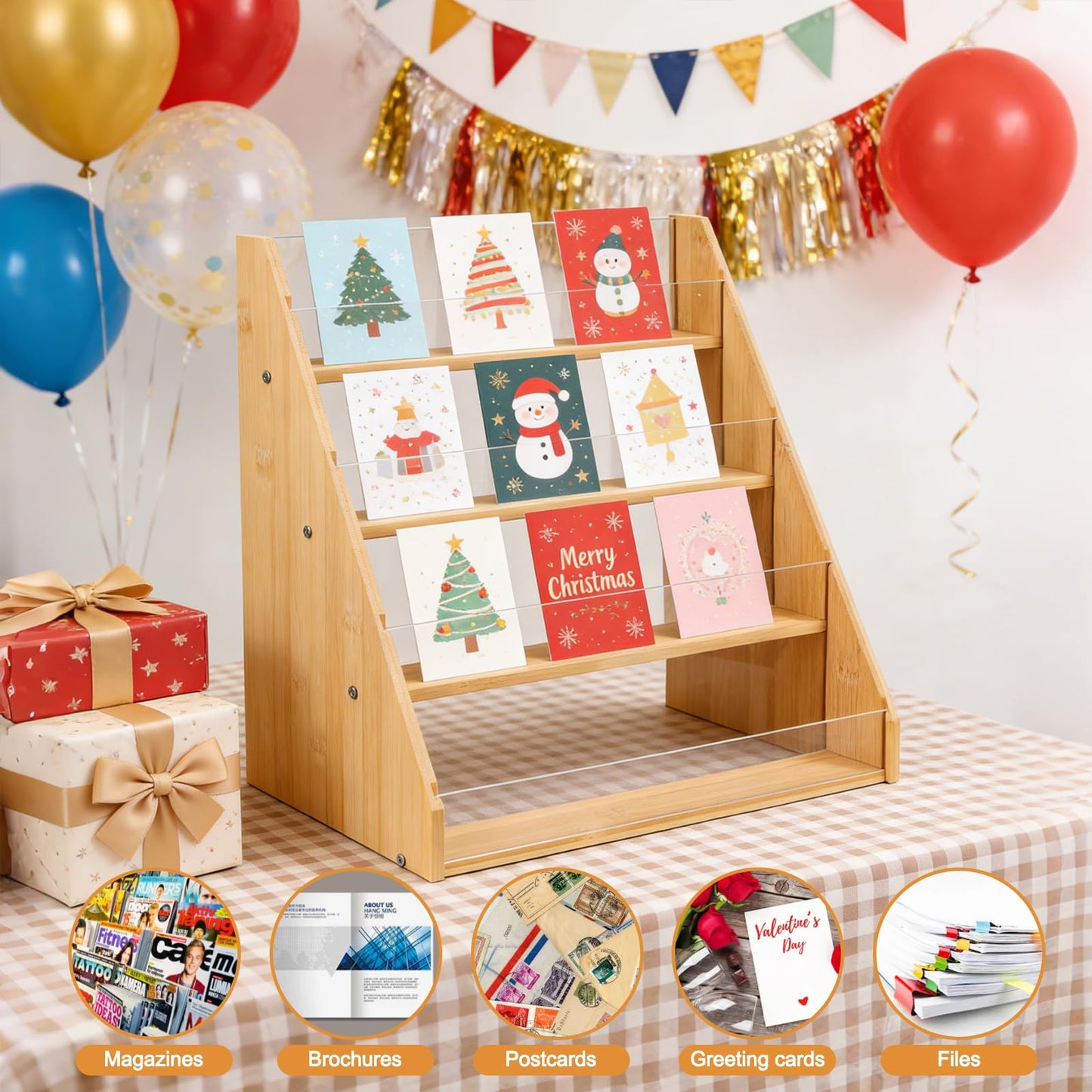 Worephu Premium 4-Tier Bamboo Acrylic Card Rack, Space-Saving Display Stand for Postcards, Greeting Cards, Brochures & Picture
