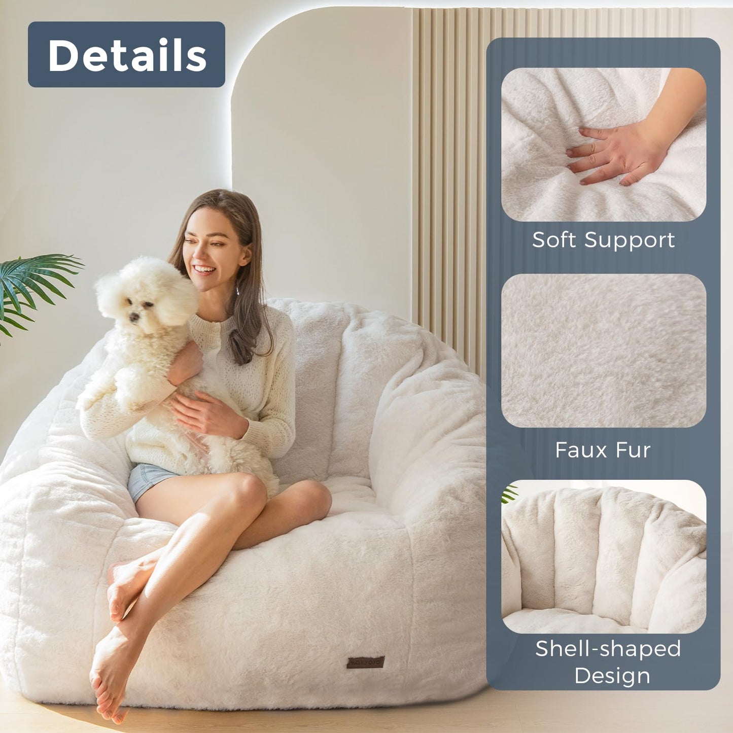 MAXYOYO Giant Bean Bag Chair,Faux Fur Shell Shaped Bean Bag Sofa with Filler,Soft Beanbag Sofa Giant Size for Living Room Bedroom