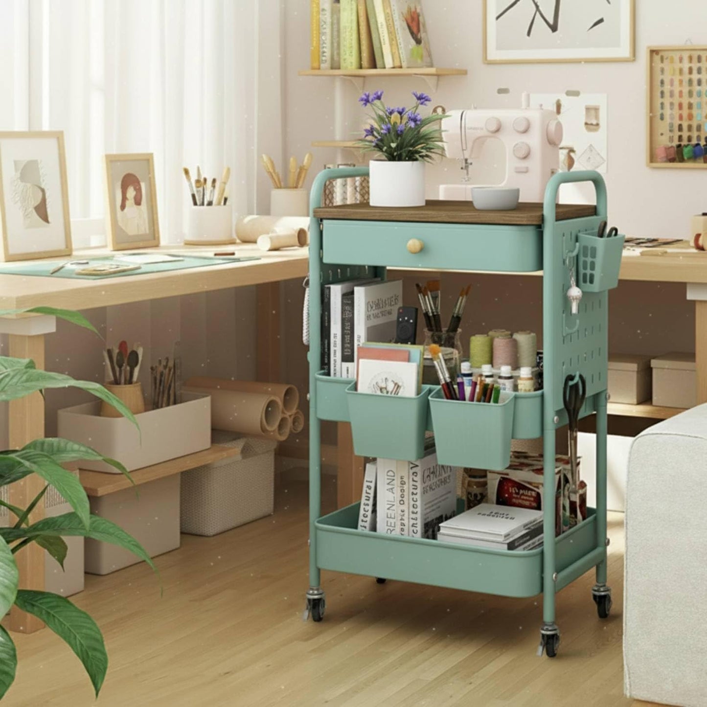 danpinera 3 Tier storage trolley, Metal storage cart with DIY Pegboard & Drawer, storage trolley on wheels with Hooks & Hanging Cups for Living Room