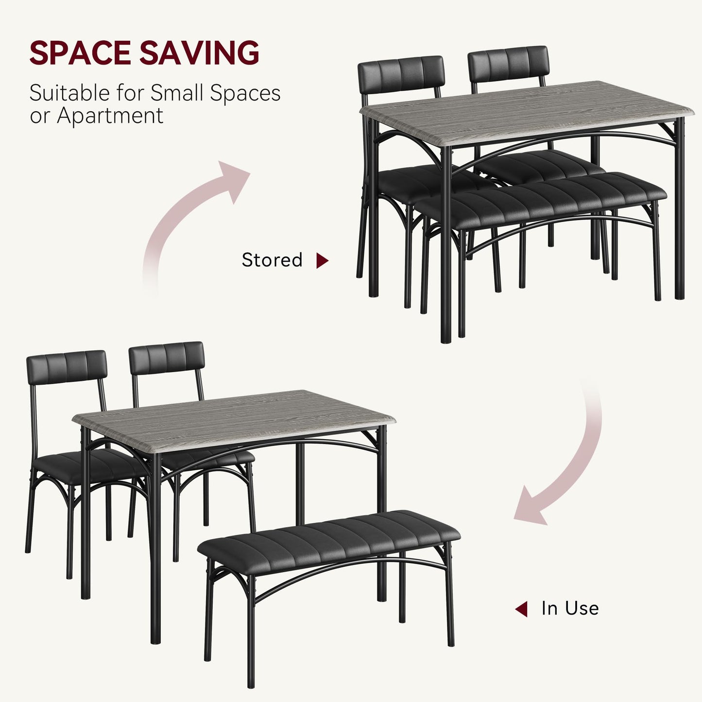 Lidzopas Dining Table Set Upholstered Chairs & Bench, Compact Space-Saving, Industrial Rustic Metal Frame, Sturdy Durable