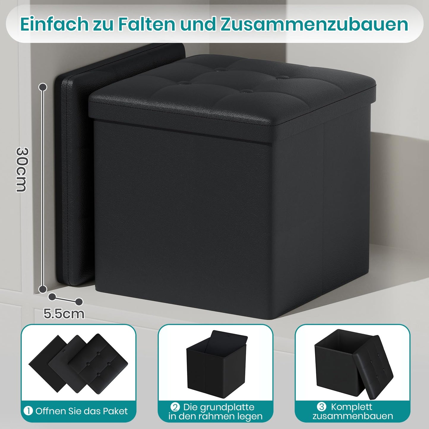 Oak & Tea PU Leather Storage Ottoman, Foldable Seat Stool with Storage, Small Cube Footrest Pouffe, Compact Storage Bench for Living Room, Bedroom