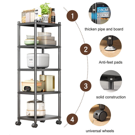 SAYZH Shelving Unit, 5 Tier Standing Heavy Duty Metal Shelving Unit Rack, Multifunctional Narrow Storage Trolley with Wheels and Anti-slip Feet for