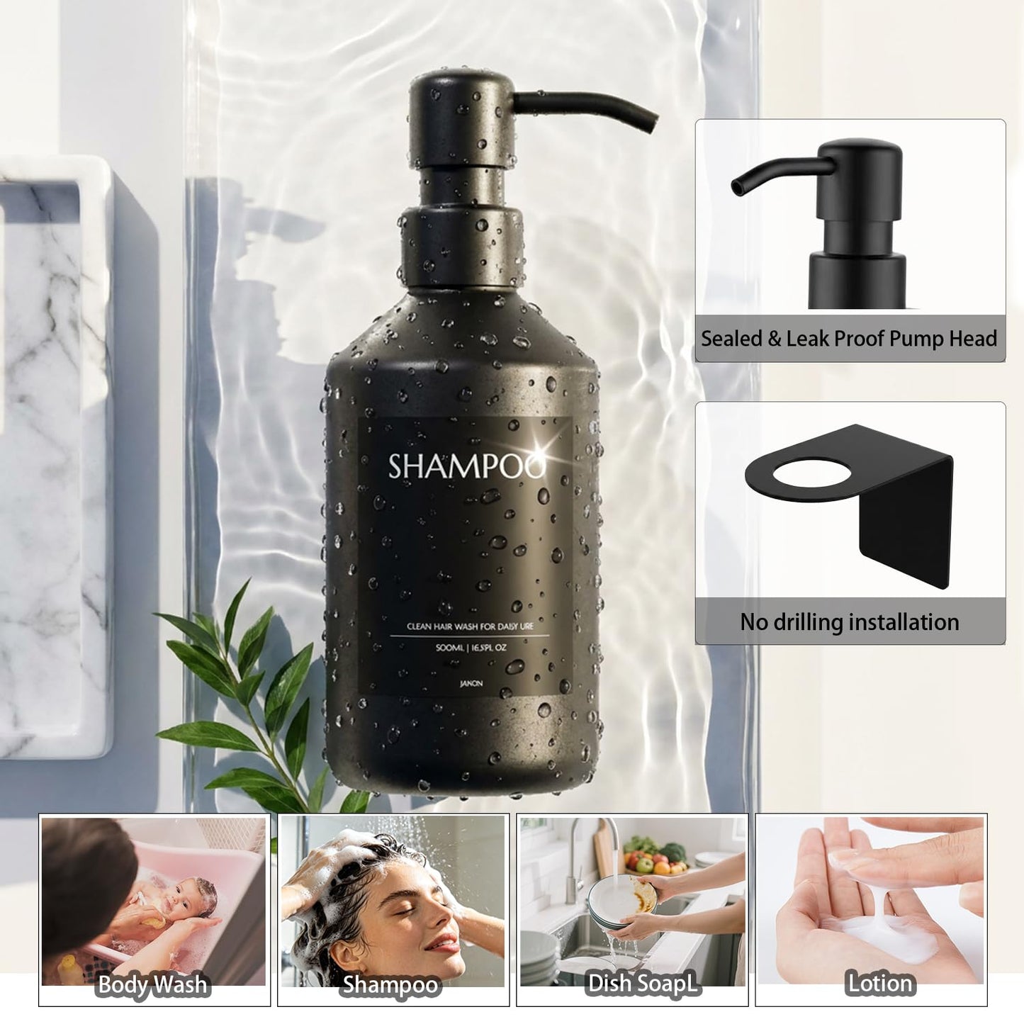 Janxin Wall Mounted Shower Dispenser, 500ml Single Plastic Soap Dispenser