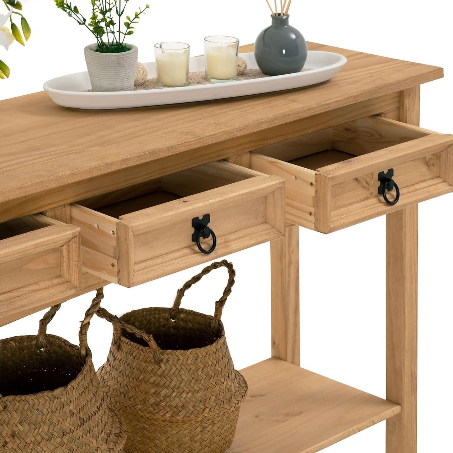 Corona Console Hall Table 3 Drawer Solid Pine Wood with Wax Finish Mexican Style Black Metal Hardware W 122 cm x D 32 cm x H 73 cm