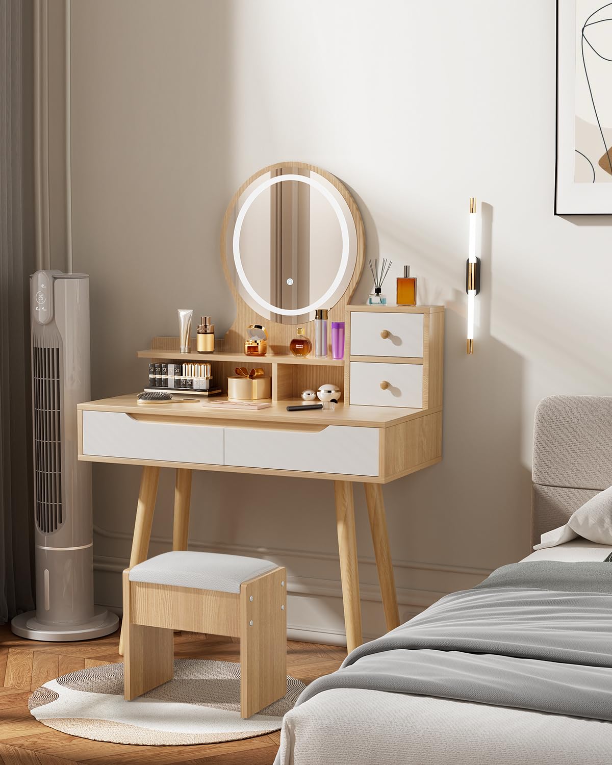 Dressing Table with Round Mirror and Lights, Small Vanity Desk with Stool