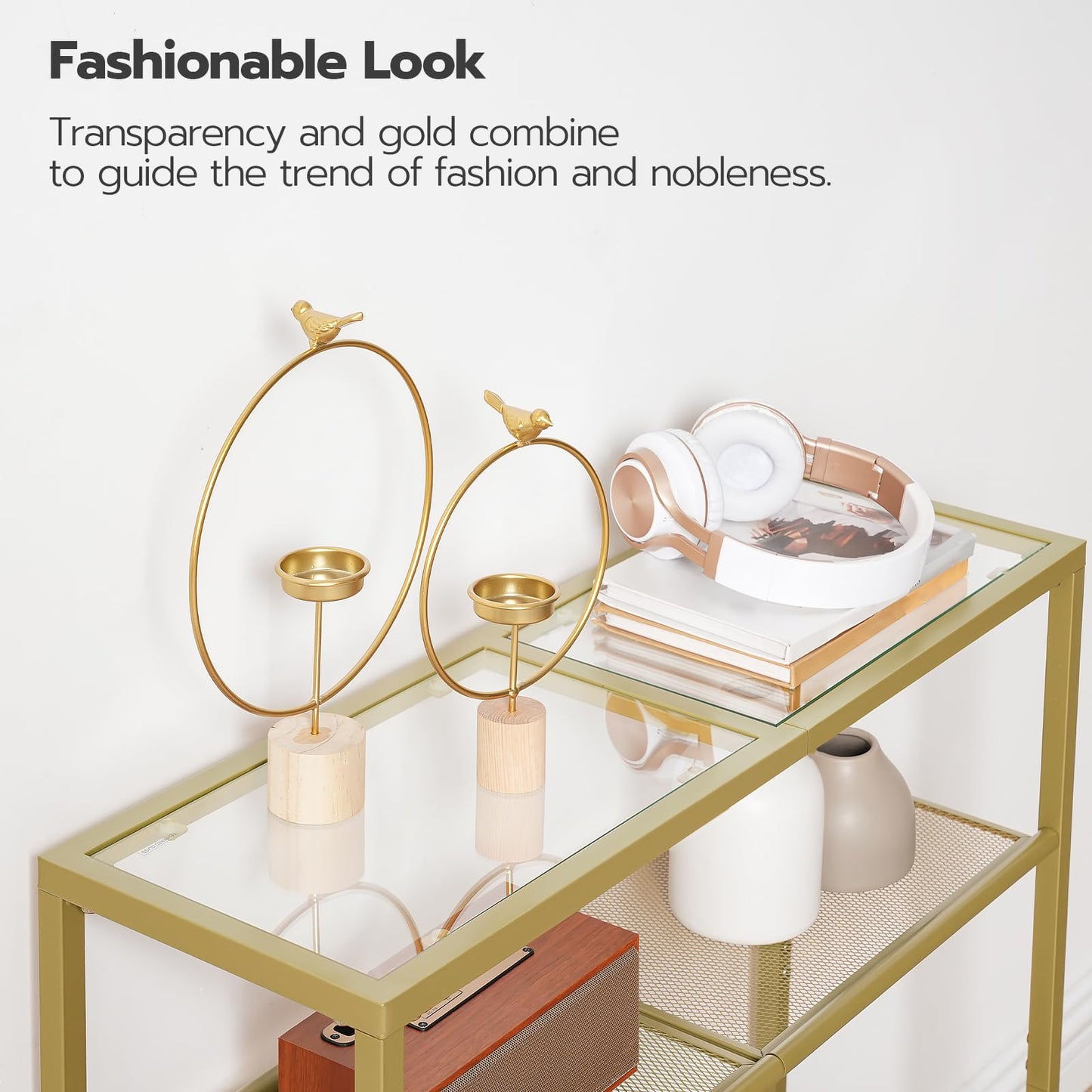 HOOBRO 3-Tier Gold Console Table, Tempered Glass Sofa Table, Narrow Side Table, Modern Hallway Table, for Living Room, Foyer, Hallway, Bedroom
