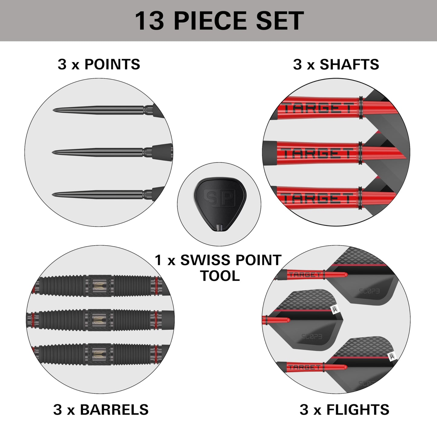 TARGET Darts Scope Steel Tip Swiss Point Darts, 90% Tungsten Dart Set, Barrel 04-22G | Steel Tip Dart Sets, Red & Black Darts, Professional Dart Set
