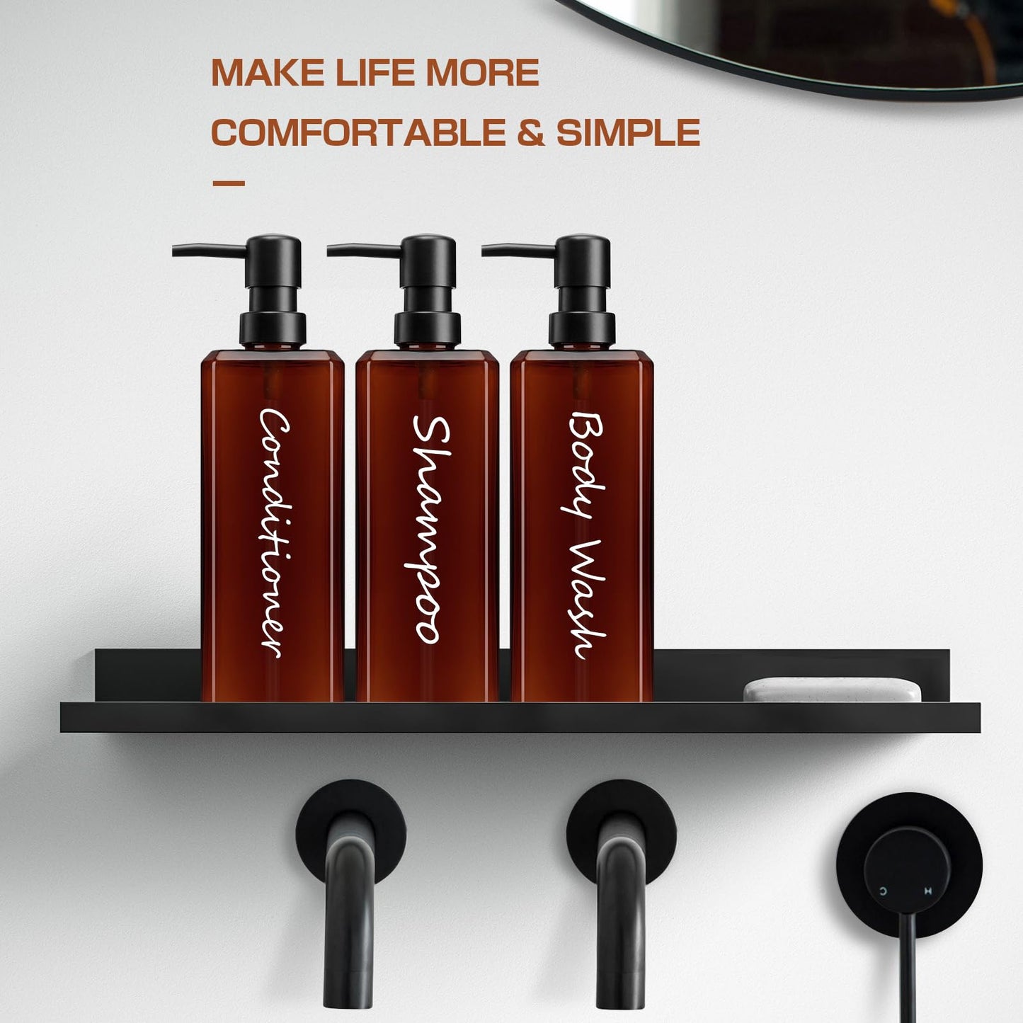 GMISUN Shampoo and Conditioner Dispenser, 17 Fl oz / 500ml Square Shower Gel Dispenser, Refillable Shampoo Bottles
