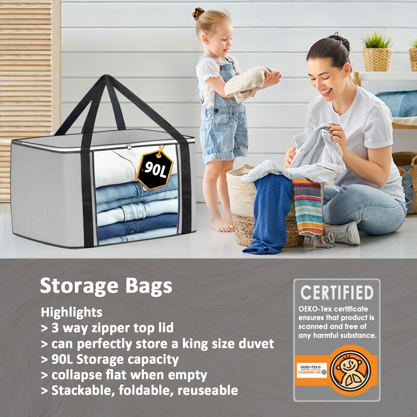KURNI Storage Bags | Clothes Organizer Boxes, Foldable 6 Pack Grey, 90L Capacity, 3 Sided Zipper Moving Large Bag. Dust & Moisture Proof