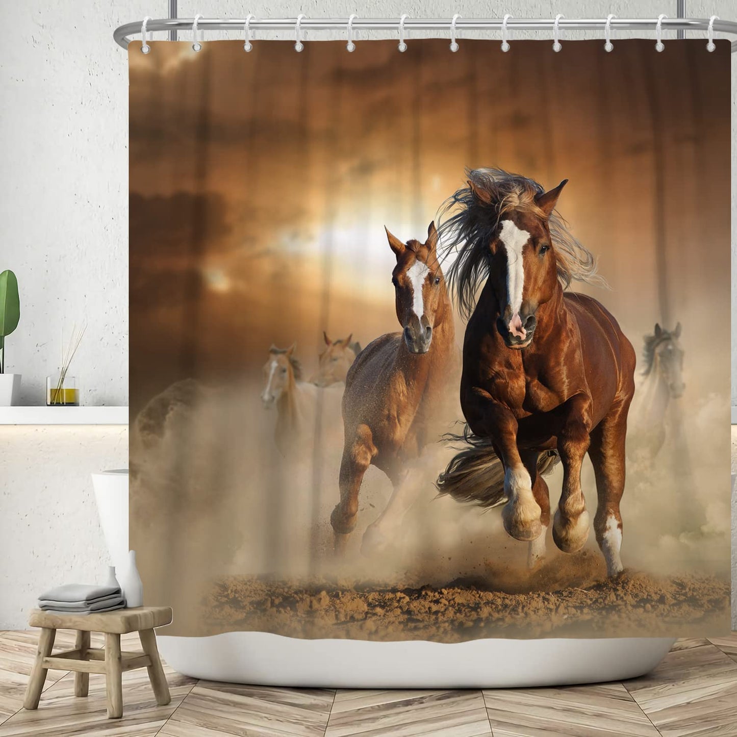ASDCXZ Horse Shower Curtain 180x180 cm, Vintage Brown A Herd of Horses Running Washable Bath Shower Curtains Polyester Textile Waterproof Shower