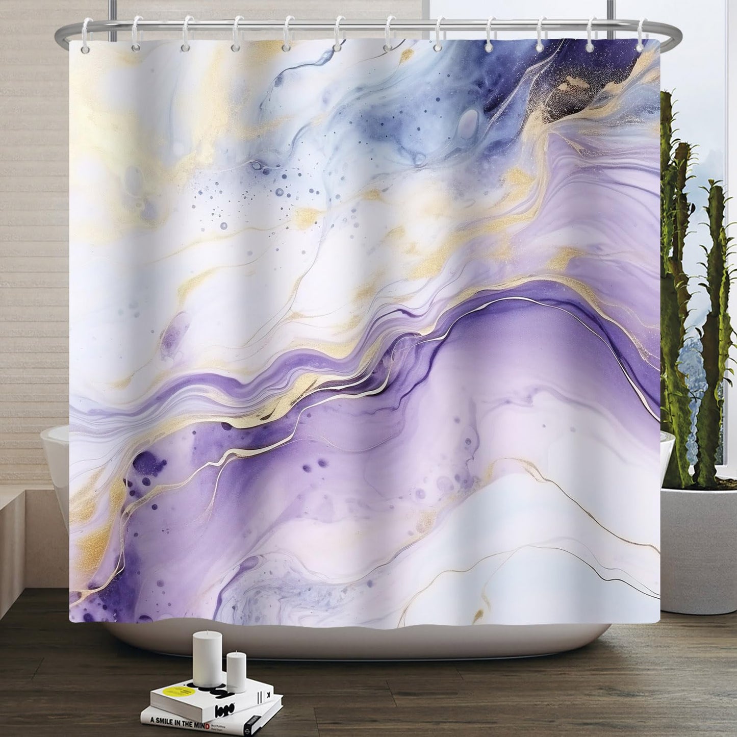 Kzzfqxb 183x183cm Shower Curtains with Plastic Hooks, Waterproof Occluded Purple Blue Marble Texture Golden Curve Lines Ocean Wave Art Pattern for