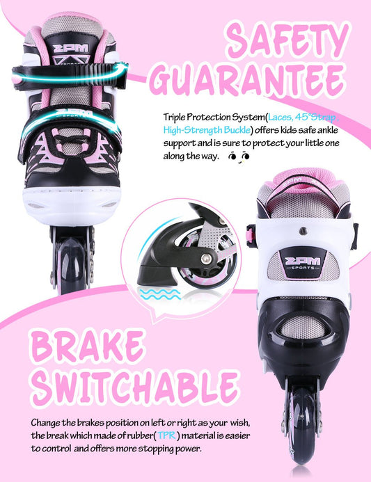 2pm Sports Adjustable Light up Inline Skates, Stylish Design Beginner Roller Skates for Boys and Girls - Pink Small