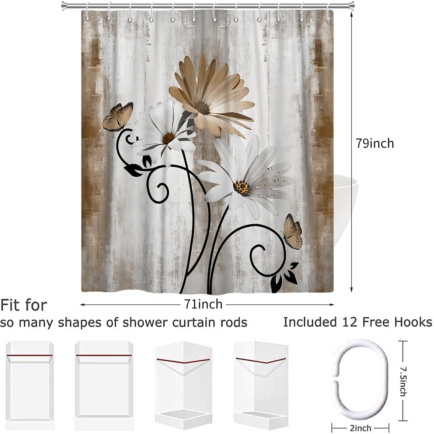 Hnmdmyi Farmhouse Floral Shower Curtain 180x200, Rustic Brown Daisy Flowers and Butterfly on Country Wooden Board Bathroom Curtains Waterproof