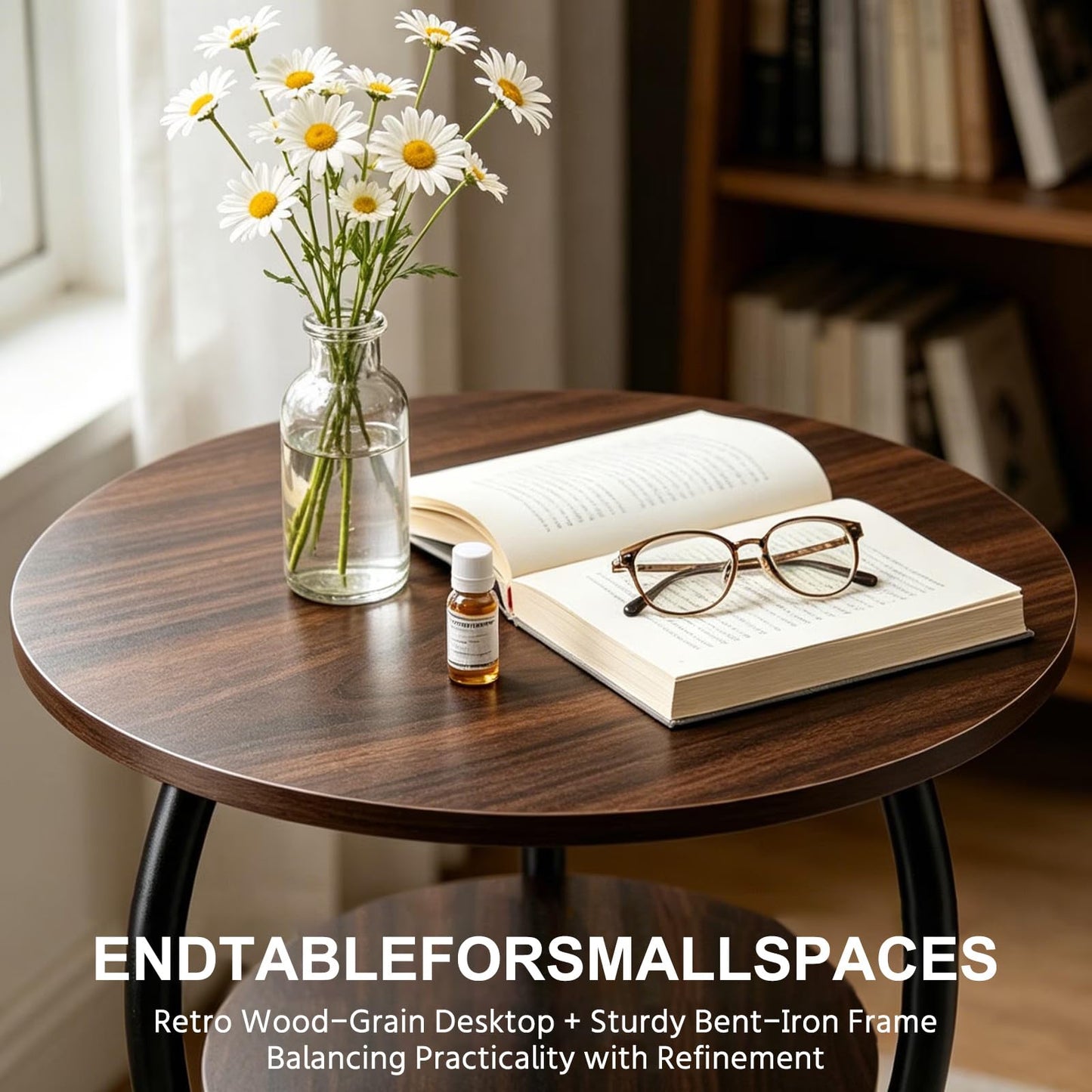 3 Tier Round Side Table 40cm Slim Round Coffee Table Vintage, Round Small End Table with Wooden Storage Shelves