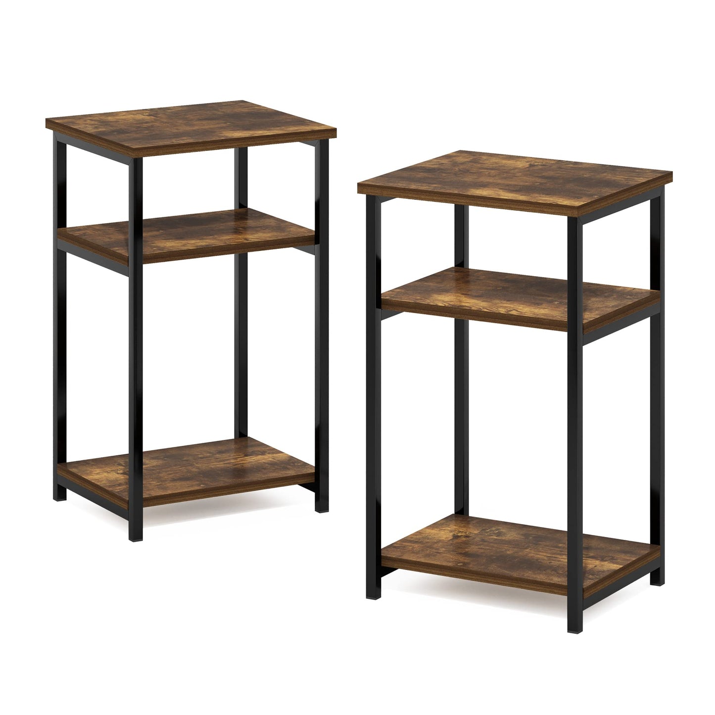 Furinno JUST Side Table Set of 2, 3-Tier Metal Frame End Table with Open Shelf, Night Stand, Bedside Table, for Living Room, Bedroom, Amber Pine