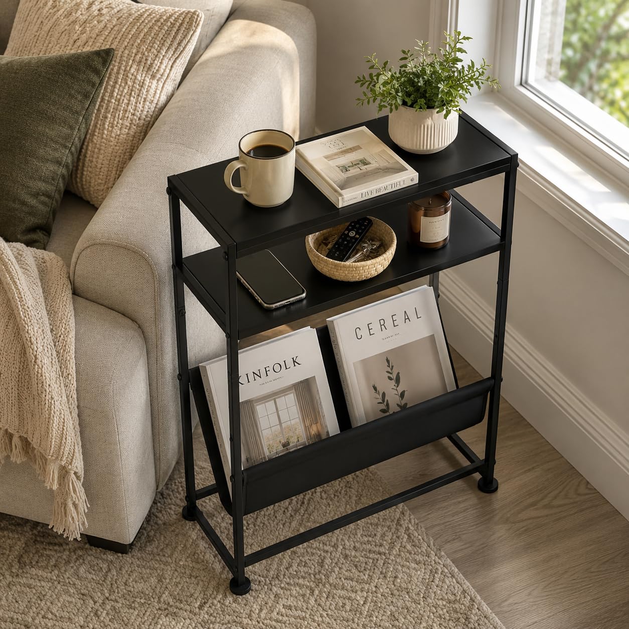 ZEXVIDA Small End Table for Small Spaces - Slim Side Table with Magazine Holder,2 in 1 Design Narrow End Table Living Room,Skinny Bedroom Nightstand