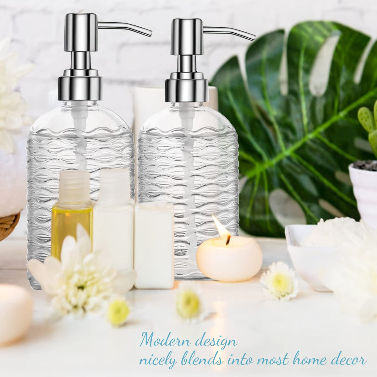 Glass Soap Dispenser Bottle with Pump, Versatile 14 Oz Dripless Pump Bottle, Refillable Liquid Hand Jar Dispenser for Bathroom, Countertop, Kitchen
