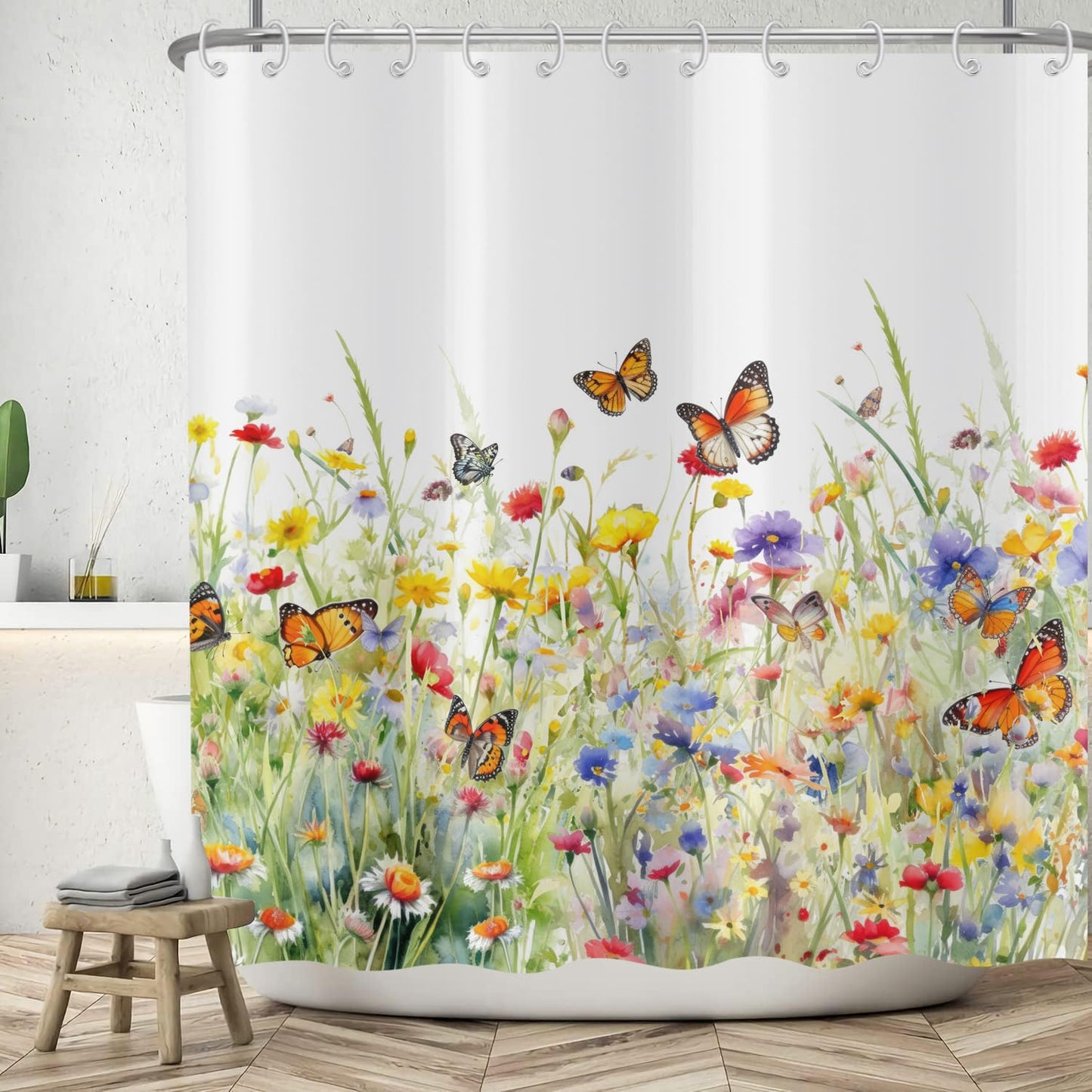 ASDCXZ Flower Shower Curtain 180x200 cm, Spring Yellow Purple Rose Colorful Flowers Butterfly White Washable Shower Curtains Polyester Textile