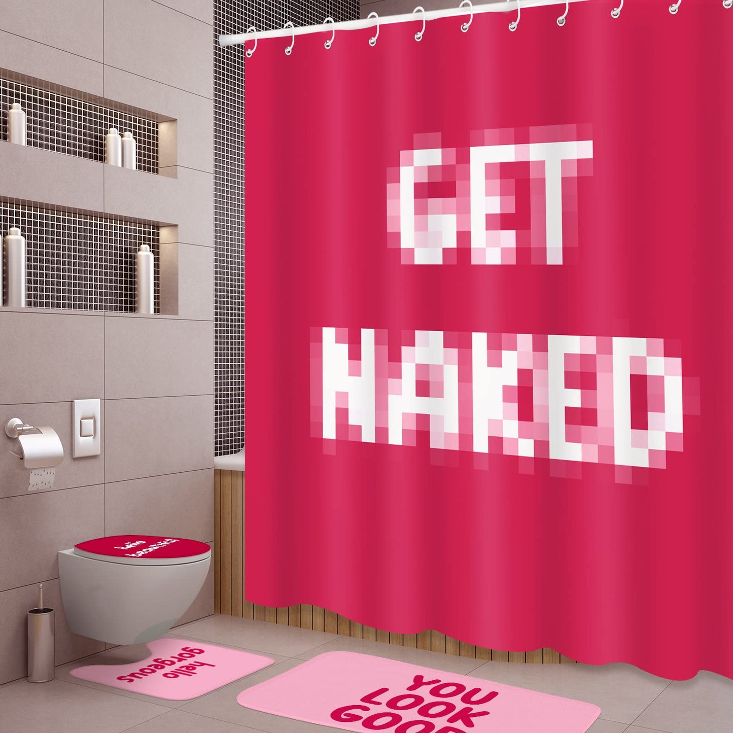 4 Pcs Shower Curtain Sets with Rugs Pink Preppy Bathroom Sets with Shower Curtain and Rugs Non Slip Bath Mat U Shaped Contour Toilet Lid Cover