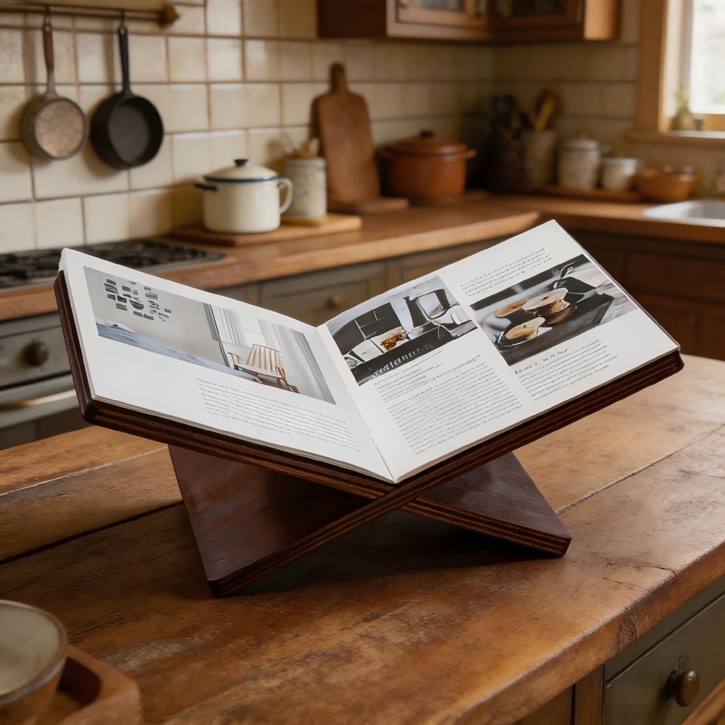 Wooden Large Book Stand for Desktop Display & Reading – Extra Large Cross Frame Open Book Holder, Sleek Finish