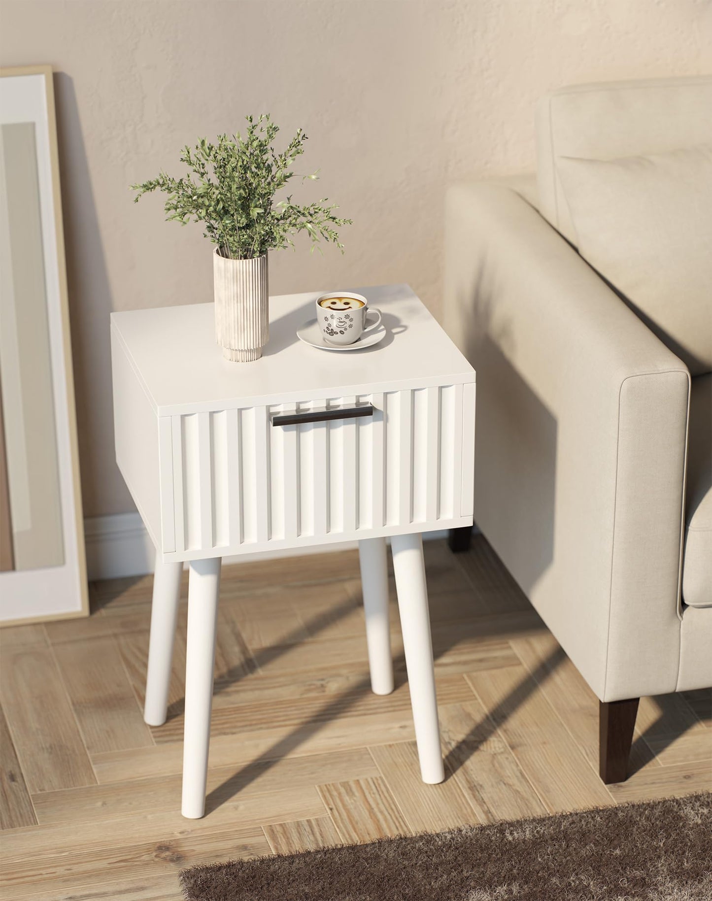 YMYNY Fluted Nightstand Set of 2, Small End Table, Modern Coffee Table with Drawer, Solid Wood Legs, Retaining Chain, 35x27x53cm