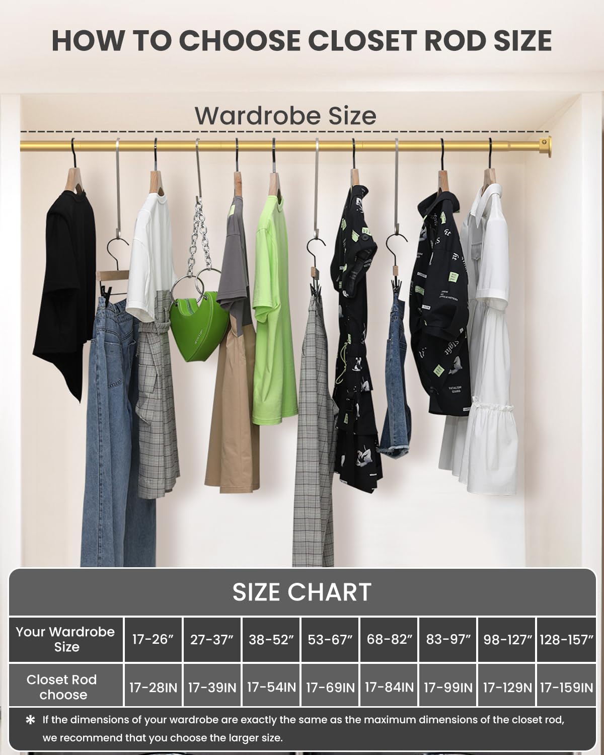 Wardrobe Rail, 43 to 173 CM Stepless Adjustable Metal Rails To Hanging Clothes, 3.3 CM Heavy Duty Wardrobe Rails and Fittings for Closet Wardrobes